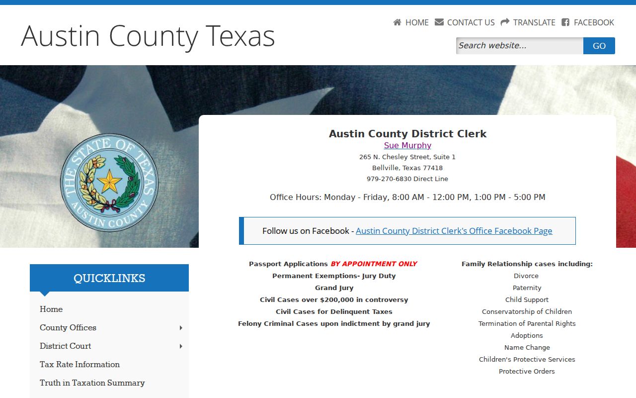 Austin County court records District Clerk page